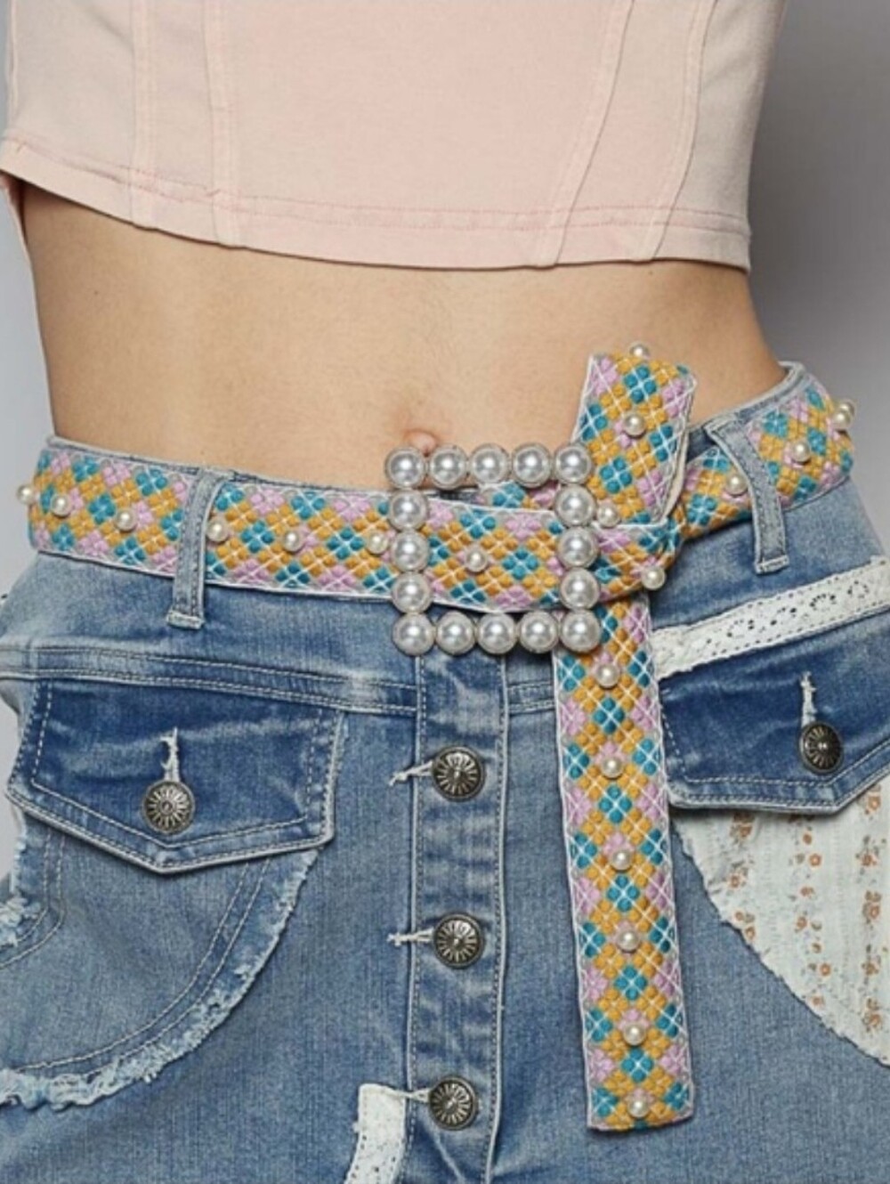 POL Cloth Embroidered Women’s Pearl-Trim Belt